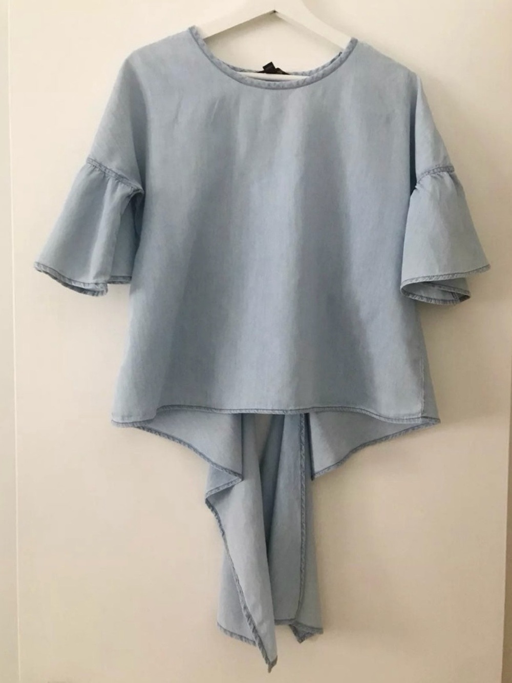 Express Light Blue Tie-Back Ruffle Sleeve Top